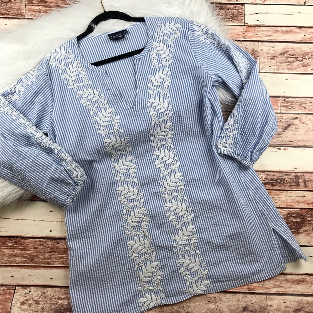 Madison Mathews embroidered tunic striped blouse
